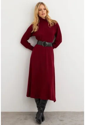 Kadın Bordo Kemerli Balıkçı Yaka Elbise MKSD992