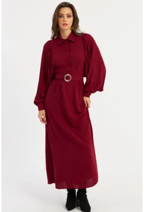 Kadın Bordo Kemerli Maxi Elbise MASF15