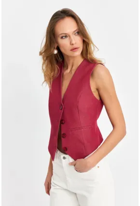 Kadın Bordo Keten Astarlı Yelek TW60046