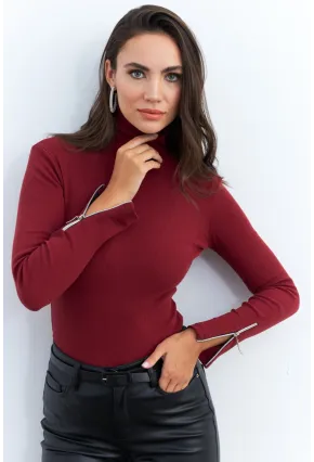 Kadın Bordo Kolları Fermuarlı Kaşkorse Balıkçı Bluz EY2567