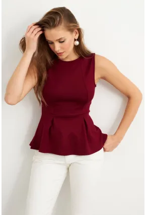 Kadın Bordo Kolsuz Peplum Bluz FLU7257