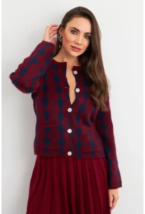 Kadın Bordo-Lacivert Düğme Detaylı Hırka ELT12022