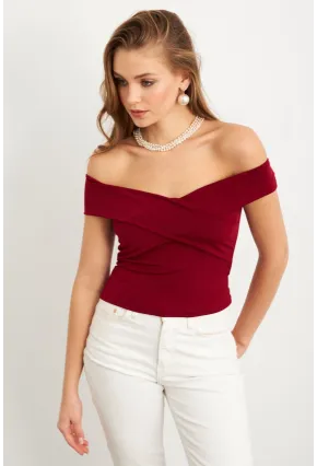 Kadın Bordo Madonna Yaka Crop Bluz VA101