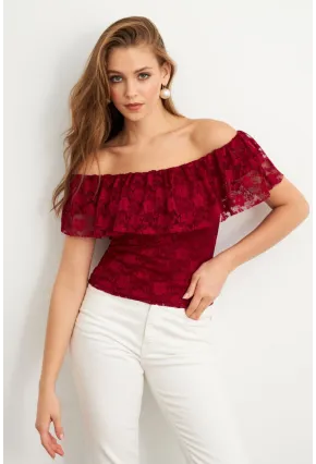 Kadın Bordo Madonna Yaka Dantel Bluz MTK13549