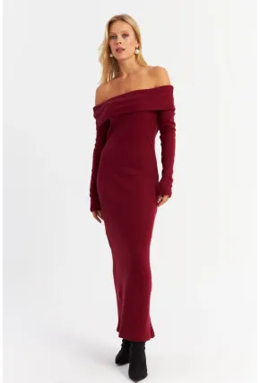 Kadın Bordo Madonna Yaka Kaşkorse Maxi Elbise HOL1