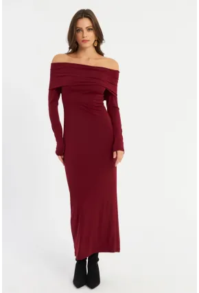 Kadın Bordo Madonna Yaka Maxi Elbise LİK10