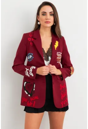 Kadın Bordo Nakışlı Premium Ceket EO100