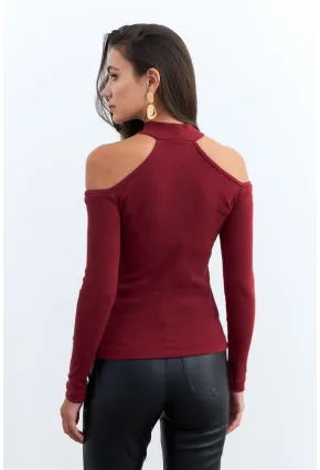 Kadın Bordo Omuzları Açık Kaşkorse Bluz EY2590