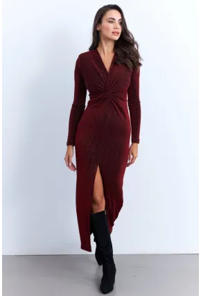 Kadın Bordo Omuzları Vatkalı Simli Şık Midi Elbise MON139