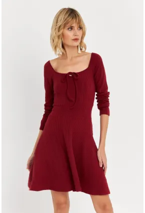 Kadın Bordo Önü Bağlamalı Mini Elbise TF59