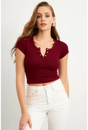 Kadın Bordo Önü Düğmeli Basic T-Shirt TOP07