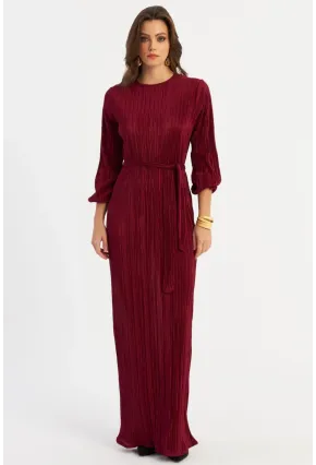 Kadın Bordo Pilise Maxi Elbise MGÇ192