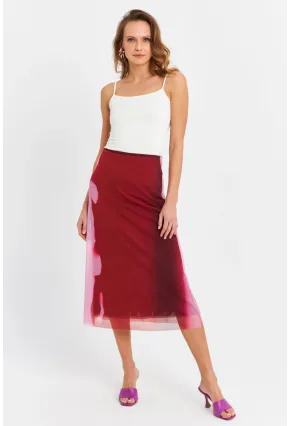 Kadın Bordo-Pudra Kontrast Renkli Tül Etek ZH11