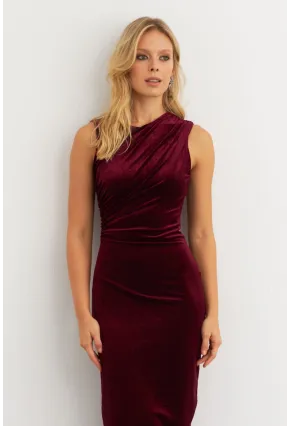Kadın Bordo Simli Drapeli Maxi Elbise KED4481