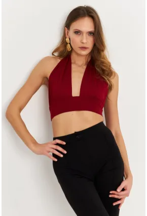 Kadın Bordo Sırt Ve Boyun Bağlamalı Bluz EY1472
