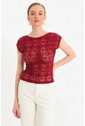 Kadın Bordo Sırtı Açık Dantel Bluz ZH04