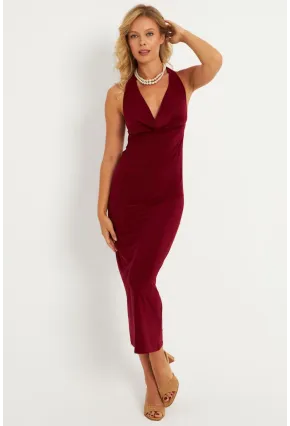 Kadın Bordo Sırtı Açık Degaje Midi Yılbaşı Elbise GÇ177