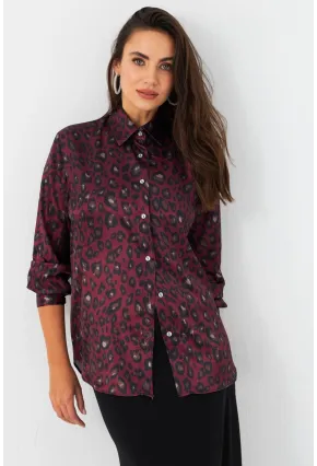 Kadın Bordo-Siyah Leopar Desenli Saten Gömlek MRAD5901-1