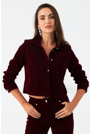 Kadın Bordo Taş Düğmeli Kadife Gömlek Ceket CAR1075