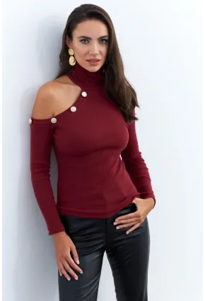 Kadın Bordo Tek Omuz Açık Kaşkorse Balıkçı Bluz EY2947