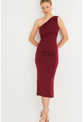 Kadın Bordo Tek Omuz Büzgülü Midi Elbise DMR294-90