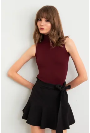 Kadın Bordo Triko Kolsuz Bluz YV305