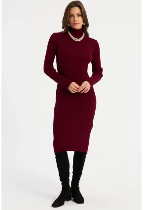 Kadın Bordo Triko Midi Elbise YV303