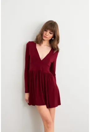 Kadın Bordo V Yaka Mini Elbise LİK17