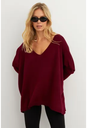 Kadın Bordo V Yaka Salaş Bluz YV304