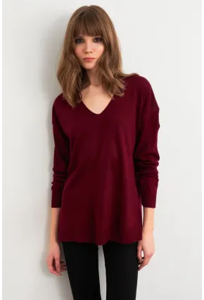 Kadın Bordo V Yaka Triko Kazak YİL549