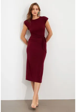 Kadın Bordo Vatkalı Kuşaklı Midi Elbise UG713