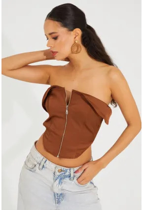 Kadın Bronz Fermuarlı Straplez Crop Bluz SF2502