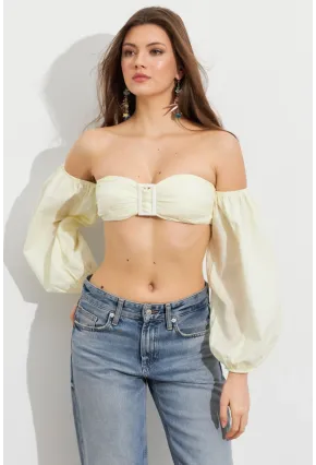 Kadın Butter Yellow Balon Kol Crop Bluz Rop111