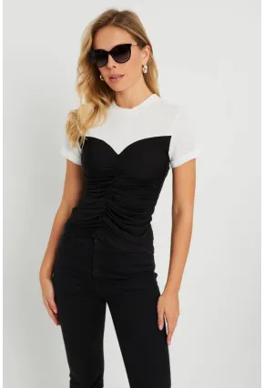 Kadın Büzgülü T-Shirt Bluz Siyah-Beyaz KS117