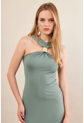 Kadın Çağla Yeşili Aksesuarlı Midi Elbise İRE101