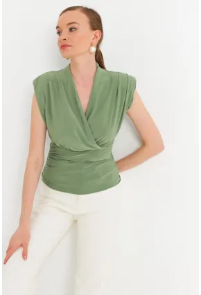 Kadın Çağla Yeşili Vatkalı Kruvaze Bluz MTK13213