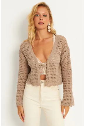 Kadın Camel Ajurlu Triko Hırka YV248