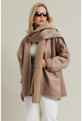 Kadın Camel Atkılı İçi Peluş Premium Ceket SE5