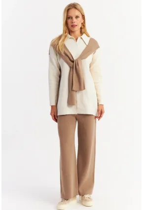 Kadın Camel Atkılı Triko Hırka Alt Üst Takım NUV20