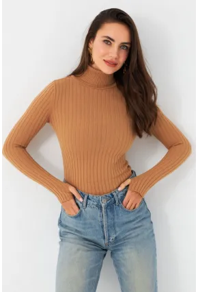 Kadın Camel Balıkçı Yaka Triko Bluz YV102-90