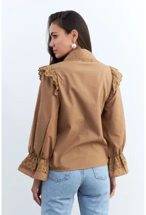 Kadın Camel Bebe Yaka Dantelli Gömlek MQS1839