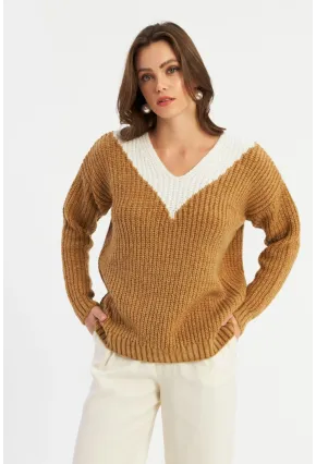 Kadın Camel-Beyaz V Yaka Triko Kazak SMT2434