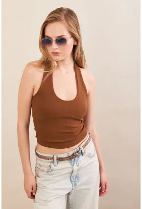 Kadın Camel Boyun Askılı Bluz ZH171