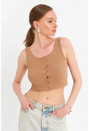 Kadın Camel Çıtçıtlı Crop Bluz YDF103