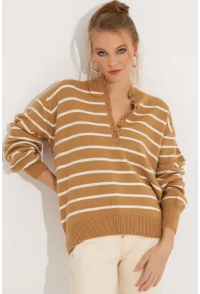Kadın Camel Çizgili Triko Kazak SMT219