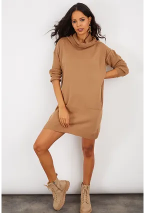 Kadın Camel Degaje Yaka Triko Mini Elbise YV73
