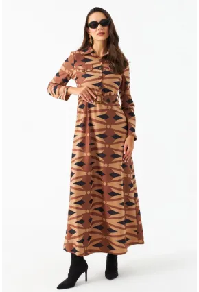 Kadın Camel Düğme Detaylı Kemerli Maxi Elbise MHAD101