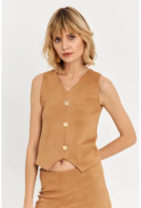Kadın Camel Düğme Detaylı Süet Bluz KED7113