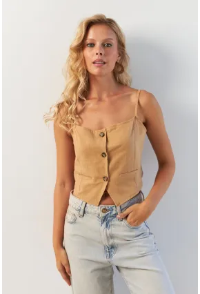 Kadın Camel Düğmeli İp Askılı Yelek MP20153