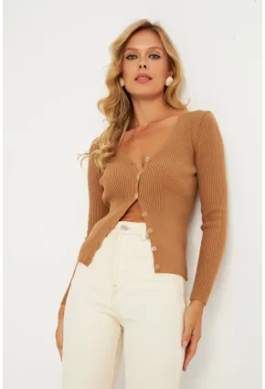 Kadın Camel Düğmeli Triko Bluz YV94
